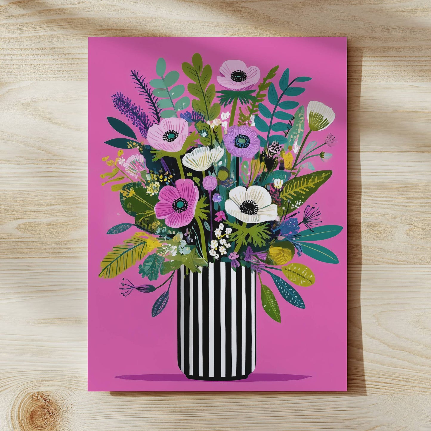 Pink Wildflower Bouquet in Striped Vase Art Print
