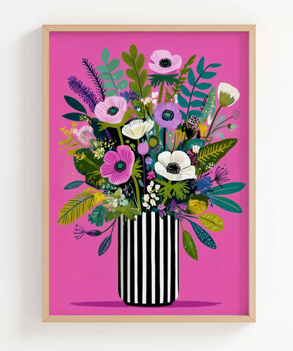 Pink Wildflower Bouquet in Striped Vase Art Print