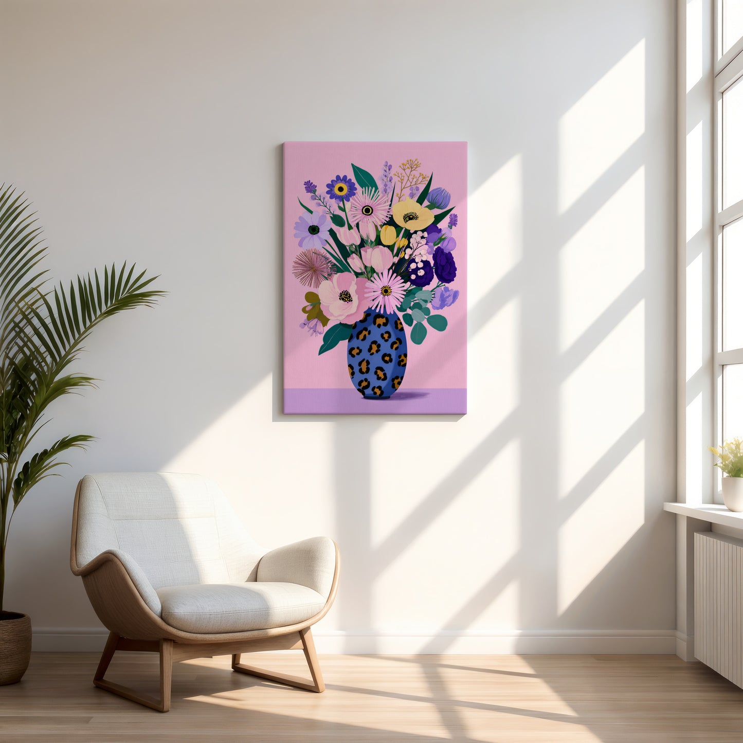 Pastel Modern Maximalist Spring Botanical Tall Blue Leopard Vase Canvas Print | Dopamine Décor Wall Art