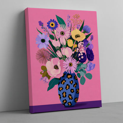 Pastel Modern Maximalist Botanical Blue Leopard Vase Canvas Print | Dopamine Décor Wall Art