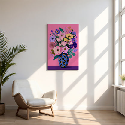 Pastel Modern Maximalist Botanical Blue Leopard Vase Canvas Print | Dopamine Décor Wall Art