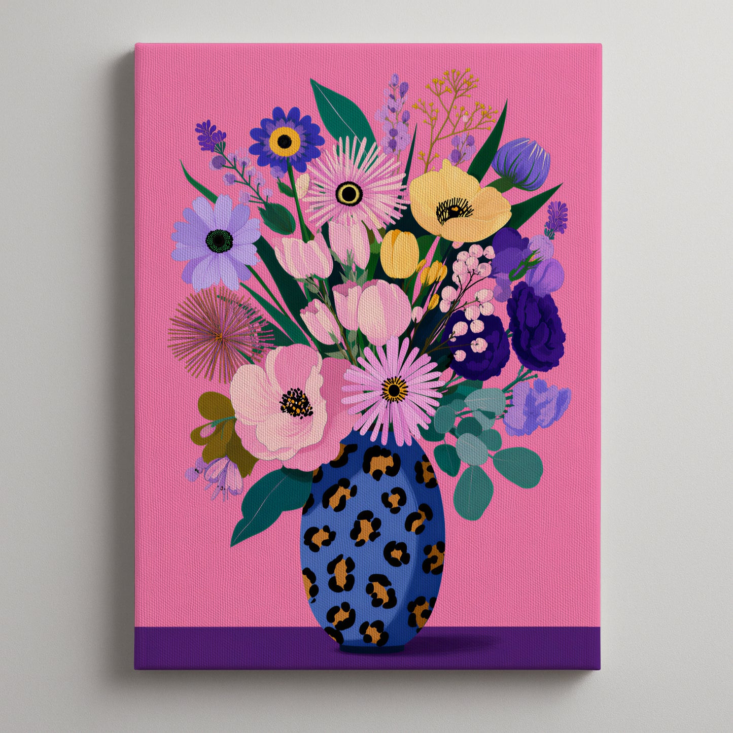 Pastel Modern Maximalist Botanical Blue Leopard Vase Canvas Print | Dopamine Décor Wall Art