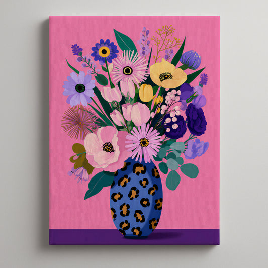 Pastel Modern Maximalist Botanical Blue Leopard Vase Canvas Print | Dopamine Décor Wall Art