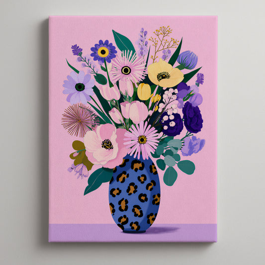 Pastel Modern Maximalist Spring Botanical Tall Blue Leopard Vase Canvas Print | Dopamine Décor Wall Art