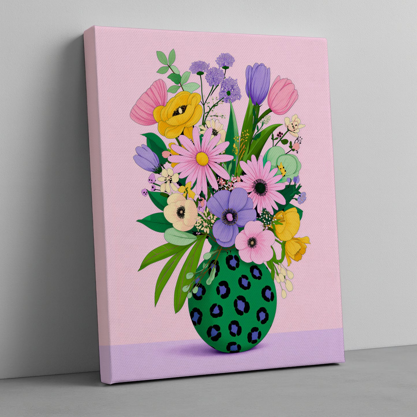 Pastel Modern Maximalist Spring Botanical Round Green Leopard Vase Canvas Print | Dopamine Décor Wall Art