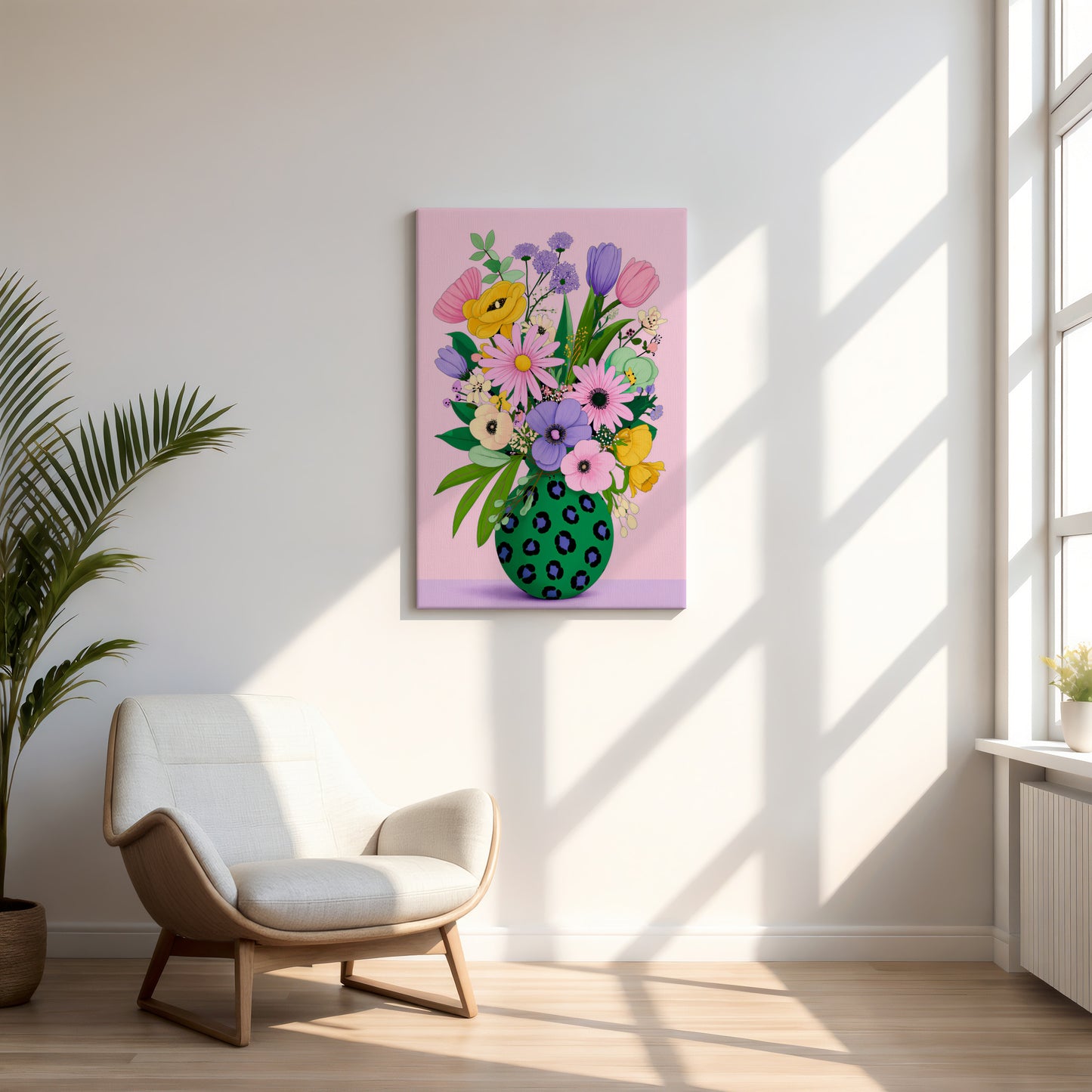 Pastel Modern Maximalist Spring Botanical Round Green Leopard Vase Canvas Print | Dopamine Décor Wall Art