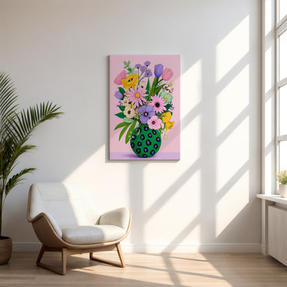 Pastel Modern Maximalist Spring Botanical Round Green Leopard Vase Canvas Print | Dopamine Décor Wall Art