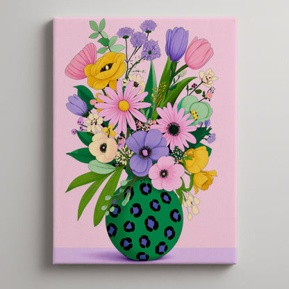 Pastel Modern Maximalist Spring Botanical Round Green Leopard Vase Canvas Print | Dopamine Décor Wall Art