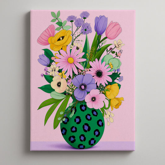 Pastel Modern Maximalist Spring Botanical Round Green Leopard Vase Canvas Print | Dopamine Décor Wall Art