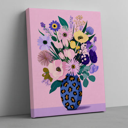 Pastel Modern Maximalist Spring Botanical Tall Blue Leopard Vase Canvas Print | Dopamine Décor Wall Art