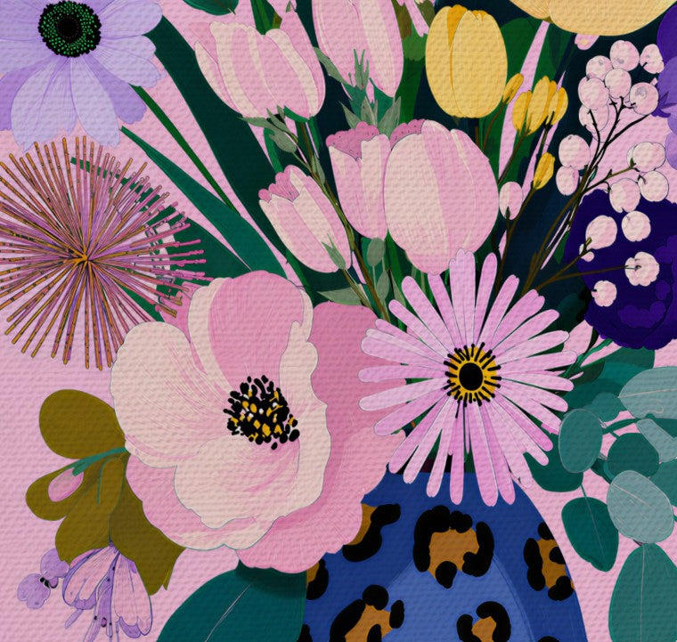 Pastel Modern Maximalist Spring Botanical Tall Blue Leopard Vase Canvas Print | Dopamine Décor Wall Art