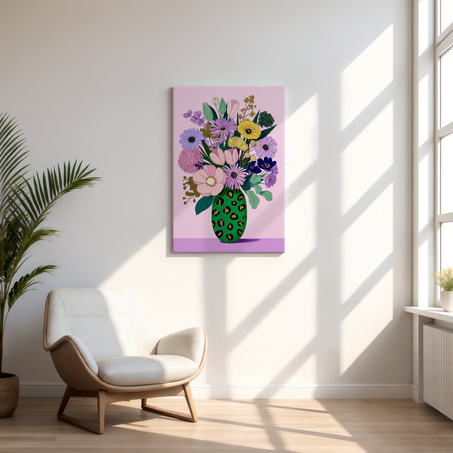Pastel Modern Maximalist Spring Botanical Tall Green Leopard Vase Canvas Print | Dopamine Décor Wall Art