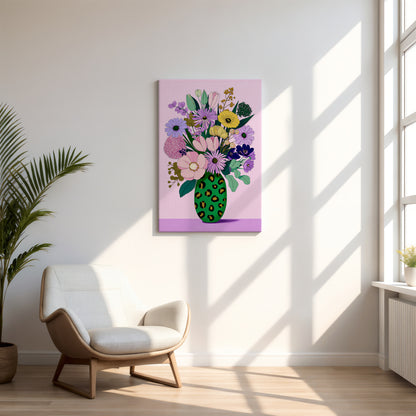 Pastel Modern Maximalist Spring Botanical Tall Green Leopard Vase Canvas Print | Dopamine Décor Wall Art