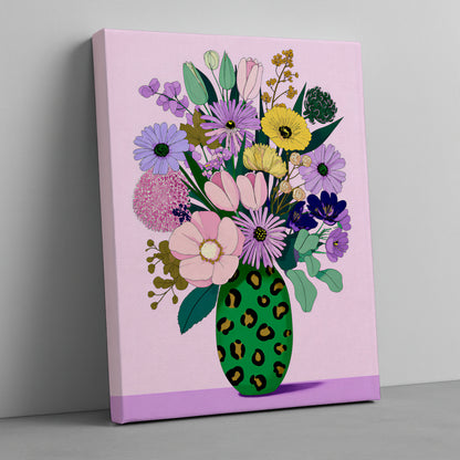 Pastel Modern Maximalist Spring Botanical Tall Green Leopard Vase Canvas Print | Dopamine Décor Wall Art