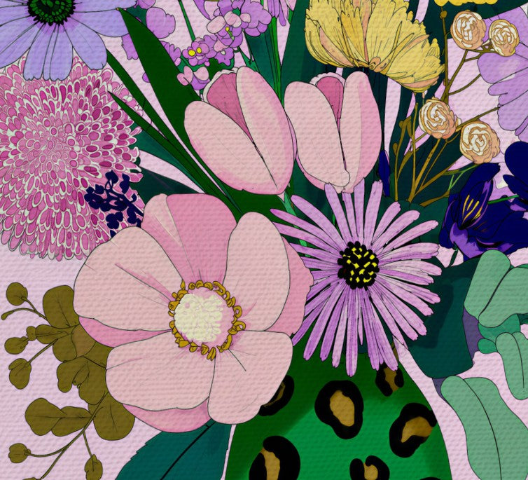 Pastel Modern Maximalist Spring Botanical Tall Green Leopard Vase Canvas Print | Dopamine Décor Wall Art