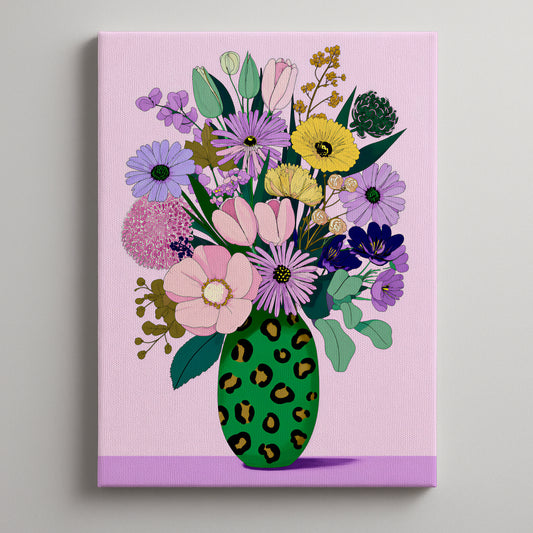 Pastel Modern Maximalist Spring Botanical Tall Green Leopard Vase Canvas Print | Dopamine Décor Wall Art